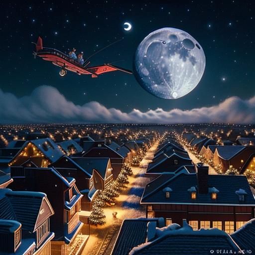 “”SANTA’S SLEIGH FLYING ABOVE A TOWN “ PARTLY CLOUDY MOONLIT CHRISTMAS EVE” intricately detailed,  hyperdetailed , story...