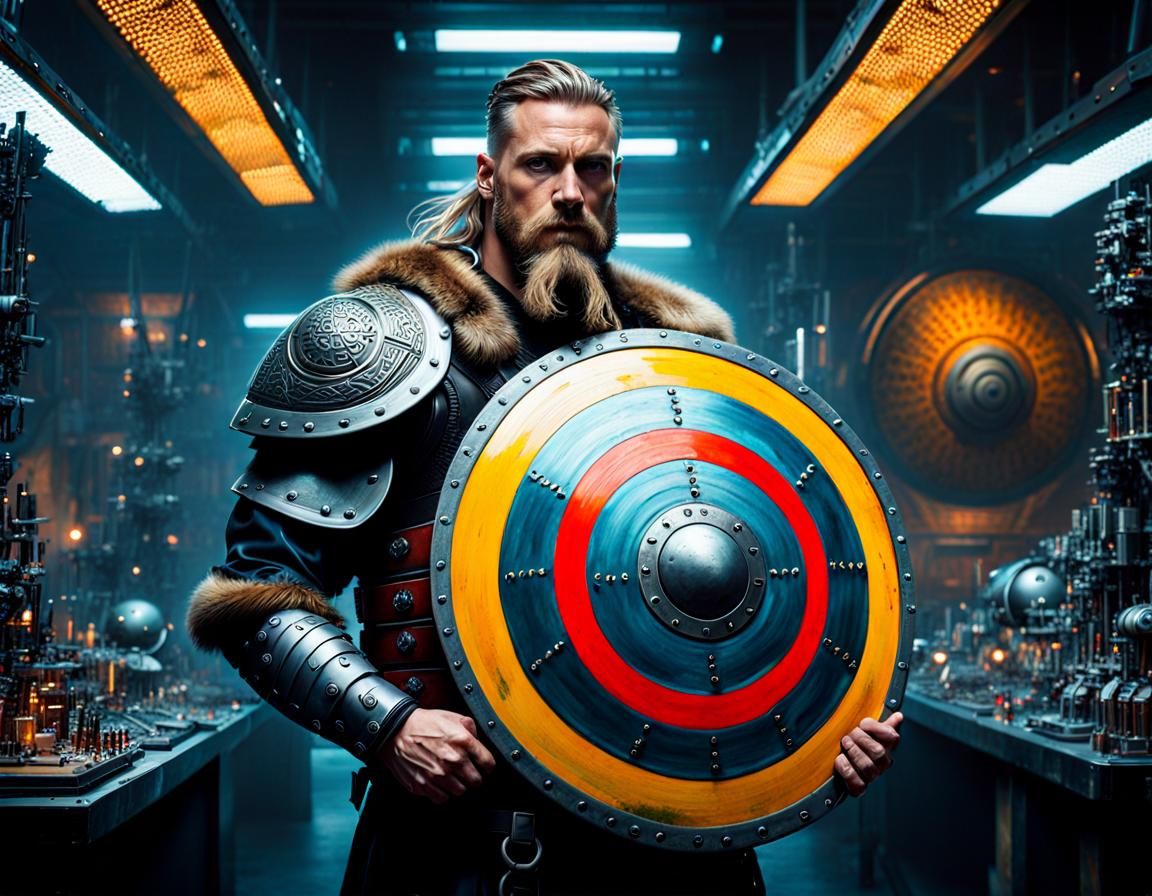 Cyberpunk Viking Warrior with Cybernetic Shield