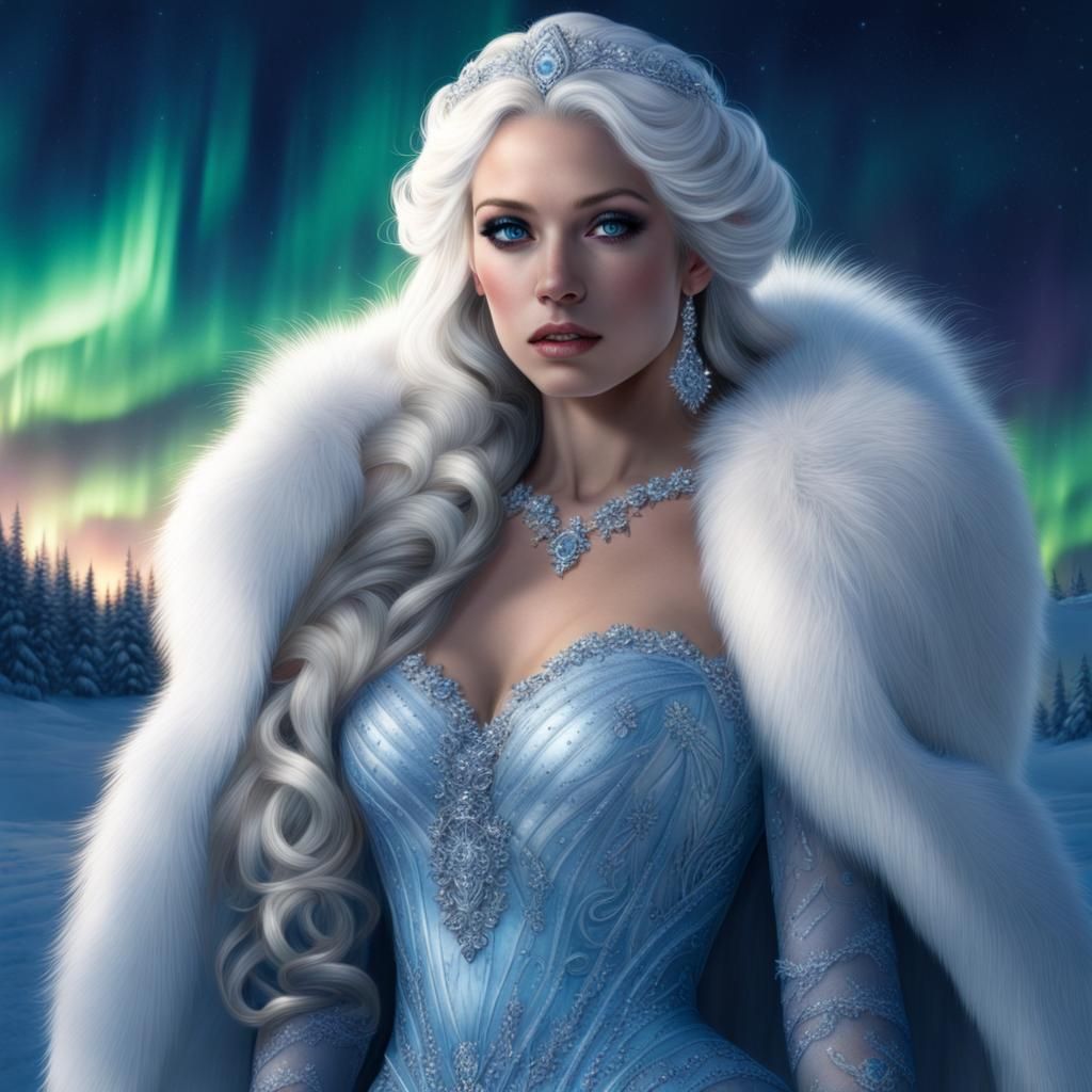 Hyperrealistic Ice Princess with Northern Lights