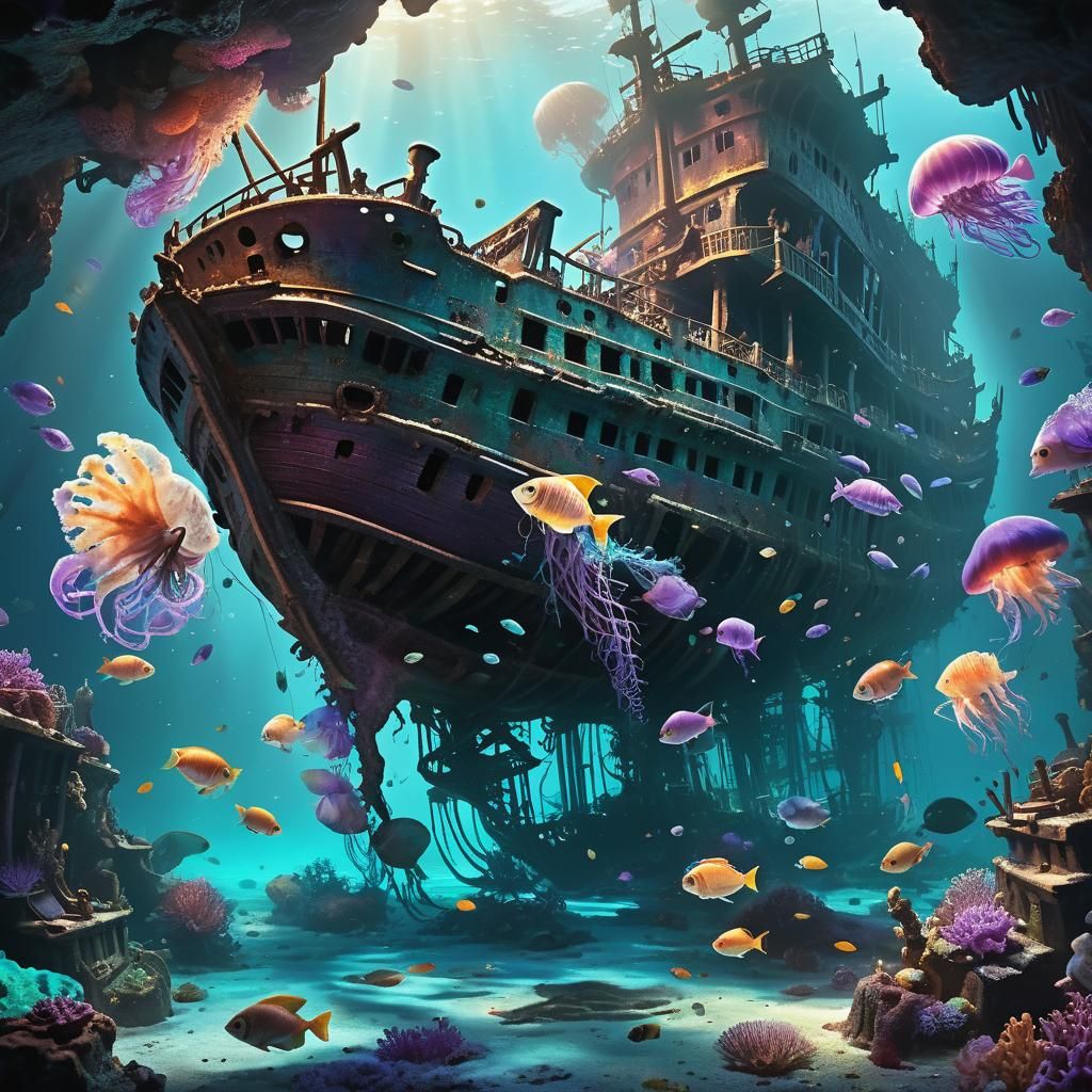 Majestic Shipwreck on Ocean Floor in Fantasy Concept Art