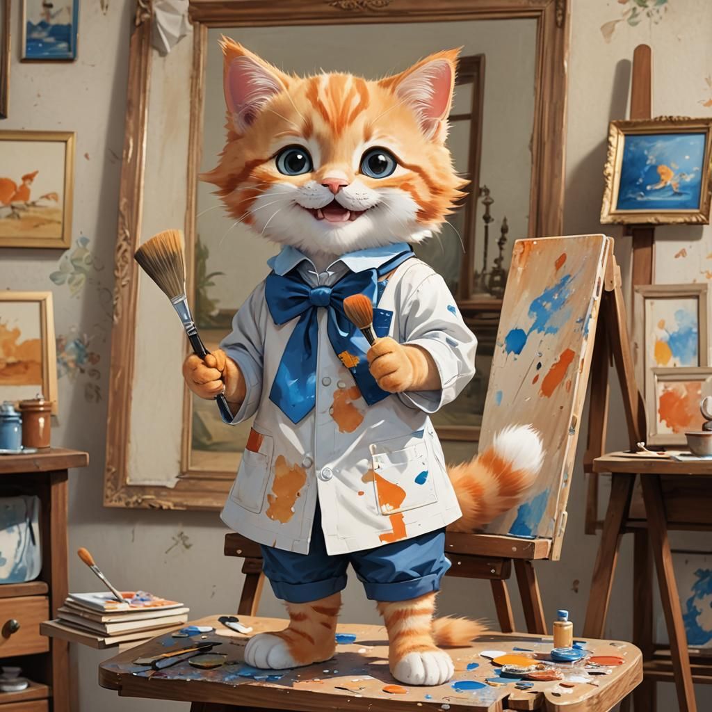 Cartoon Kitten Painting in Victorian Home, Anime Style