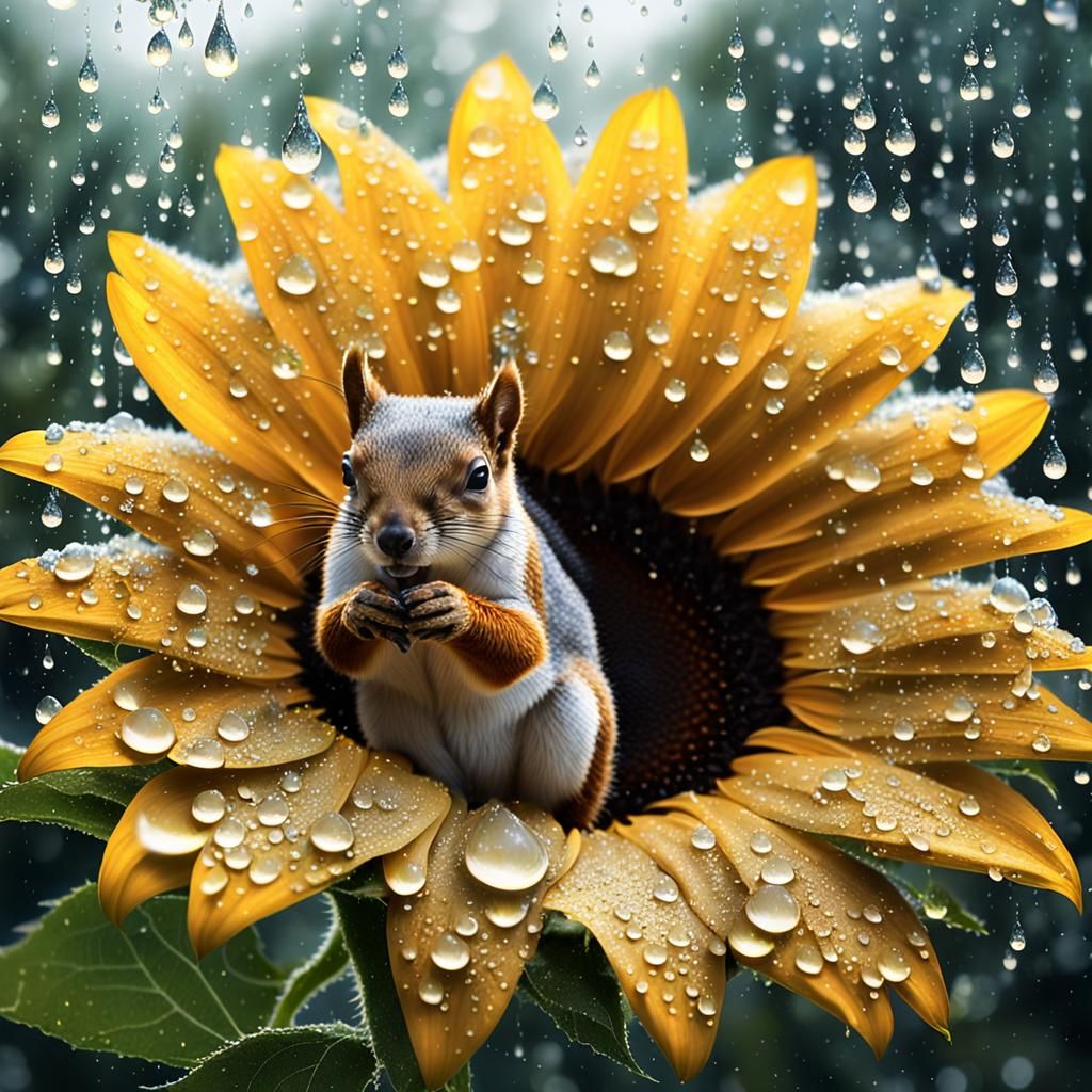 Raindrops on Sunflower Petals in Squirrel Garden