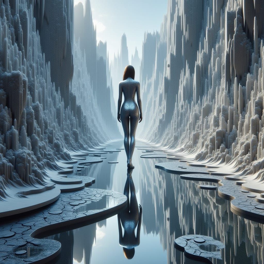 Sleek Figure Contemplates Cosmic Tapestry in Futuristic Yin-...