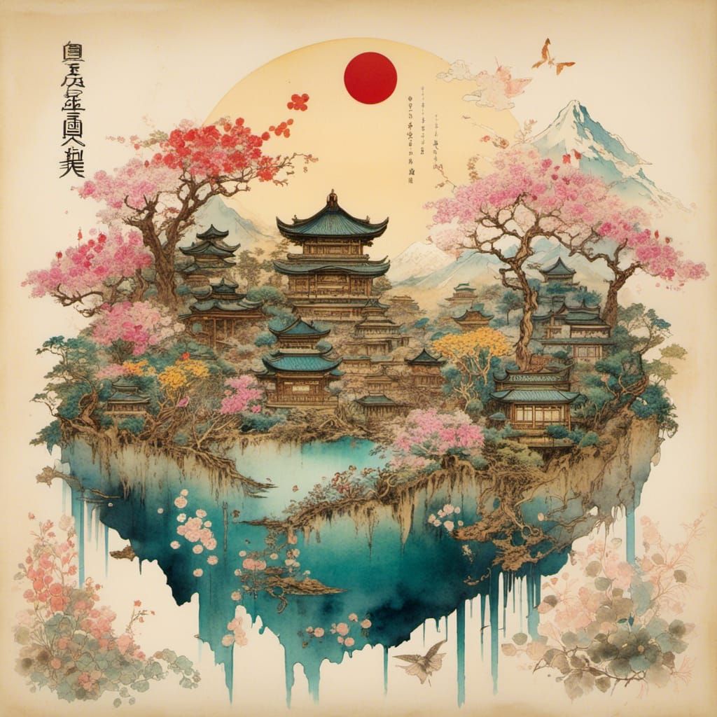 Cyberpunk Japanese Landscape in Watercolor Style