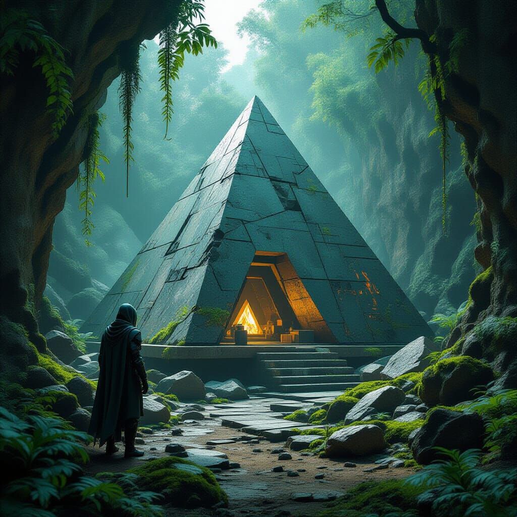 Cybernetic Figure Builds Obsidian Pyramid Home in Forest