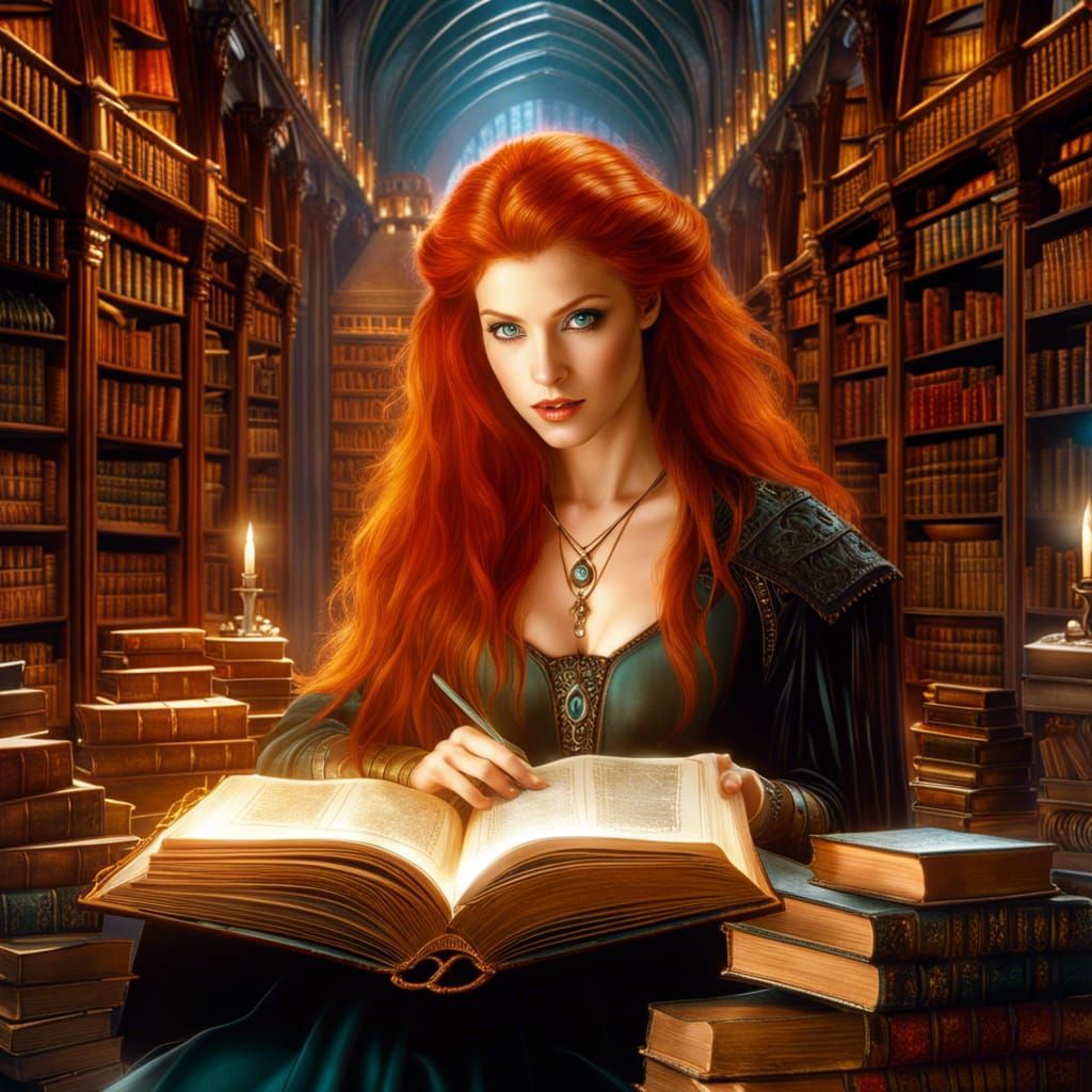 Redhead Witch Studying in Magic Library, Detailed Art