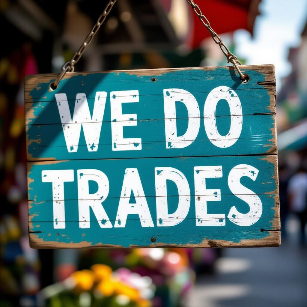 Weathered 'We Do Trades' Sign in Busy Marketplace