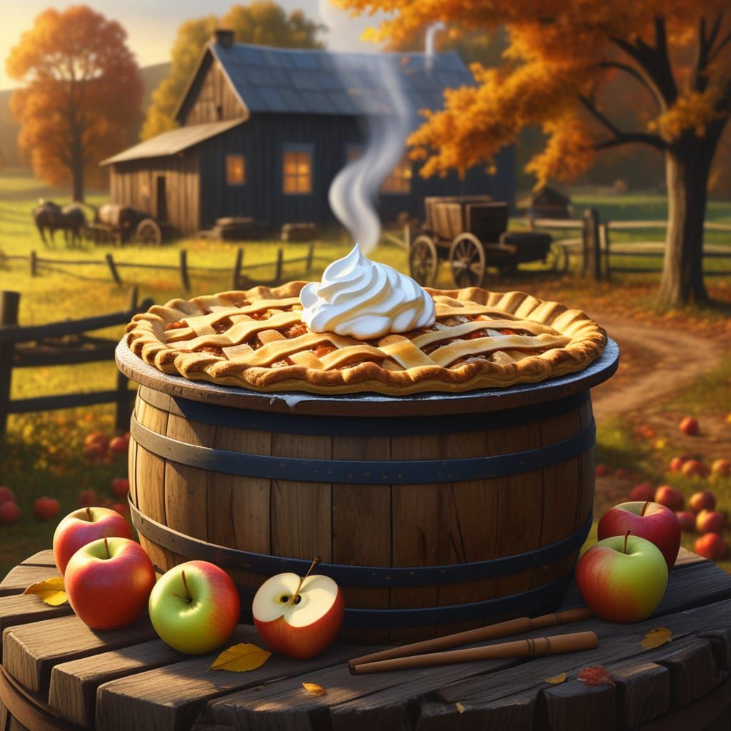 Steaming Apple Pie & Cider Barrel in Golden Hour Light