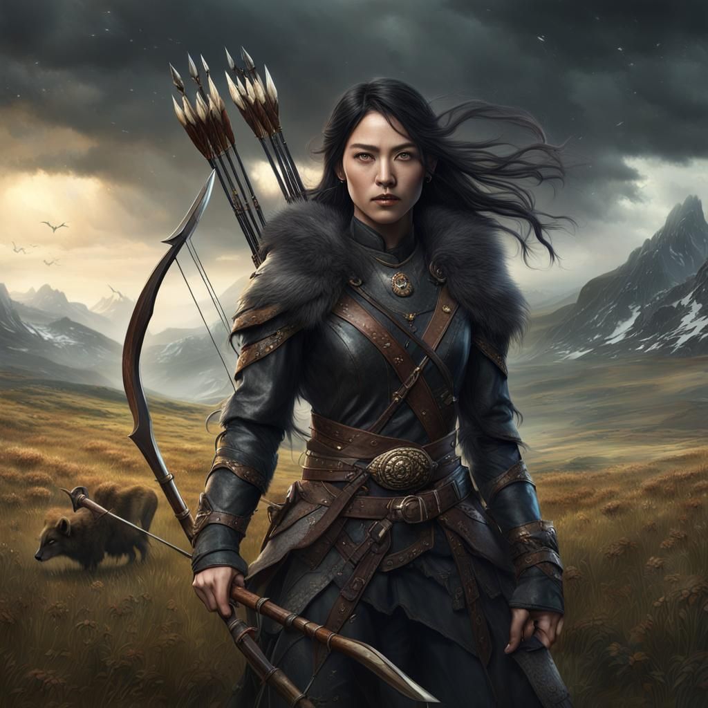 Mongolian Woman with Wolf in Stormy Meadow