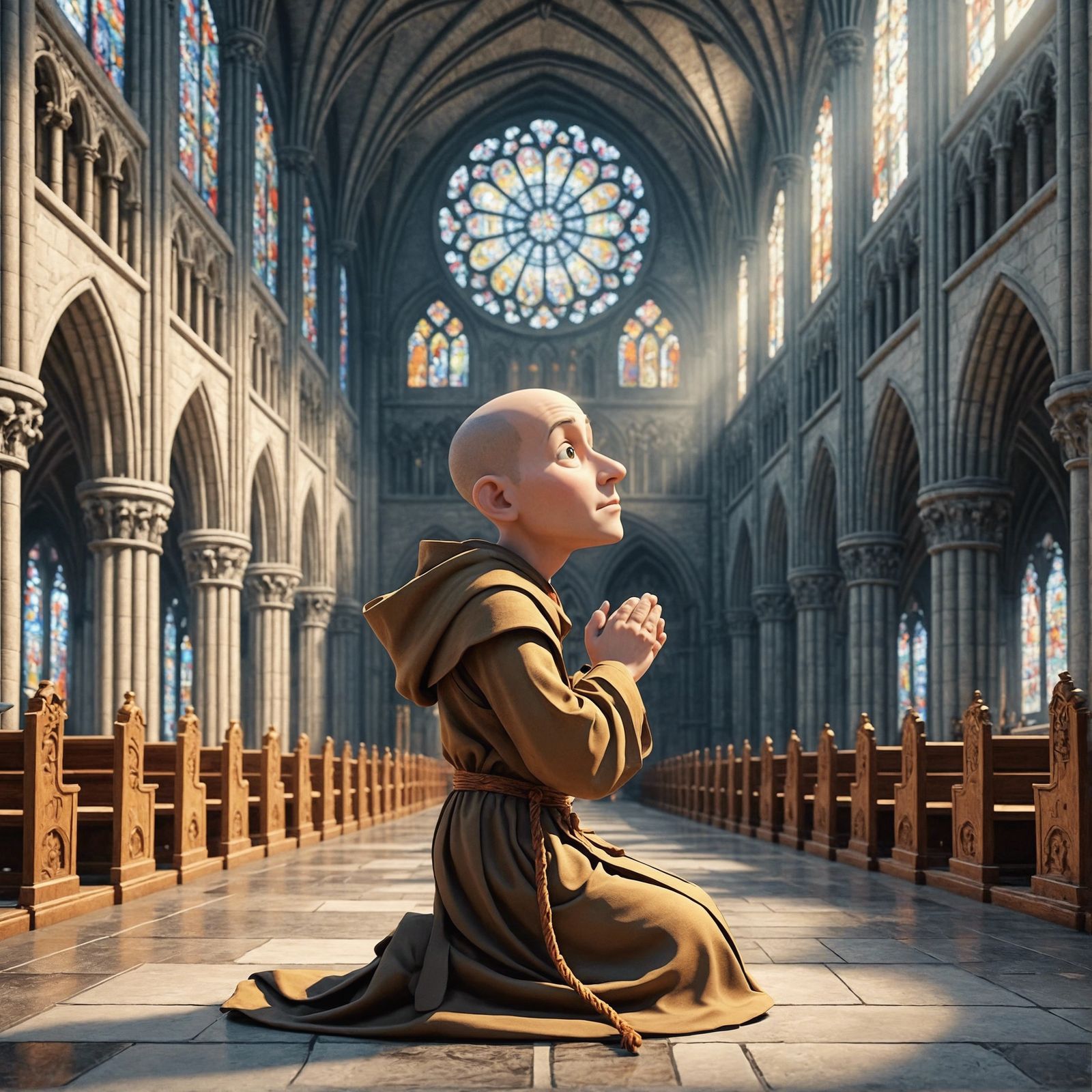 Cartoon Monk Praying in Gothic Cathedral