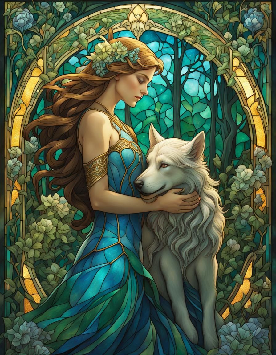 Princess and Werewolf in Art Nouveau Stained Glass