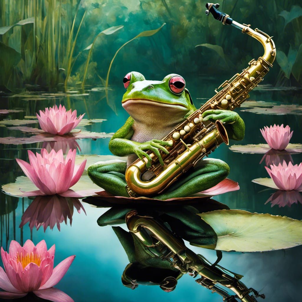 Happy Rock Star Frog Saxophone Player in Swamp