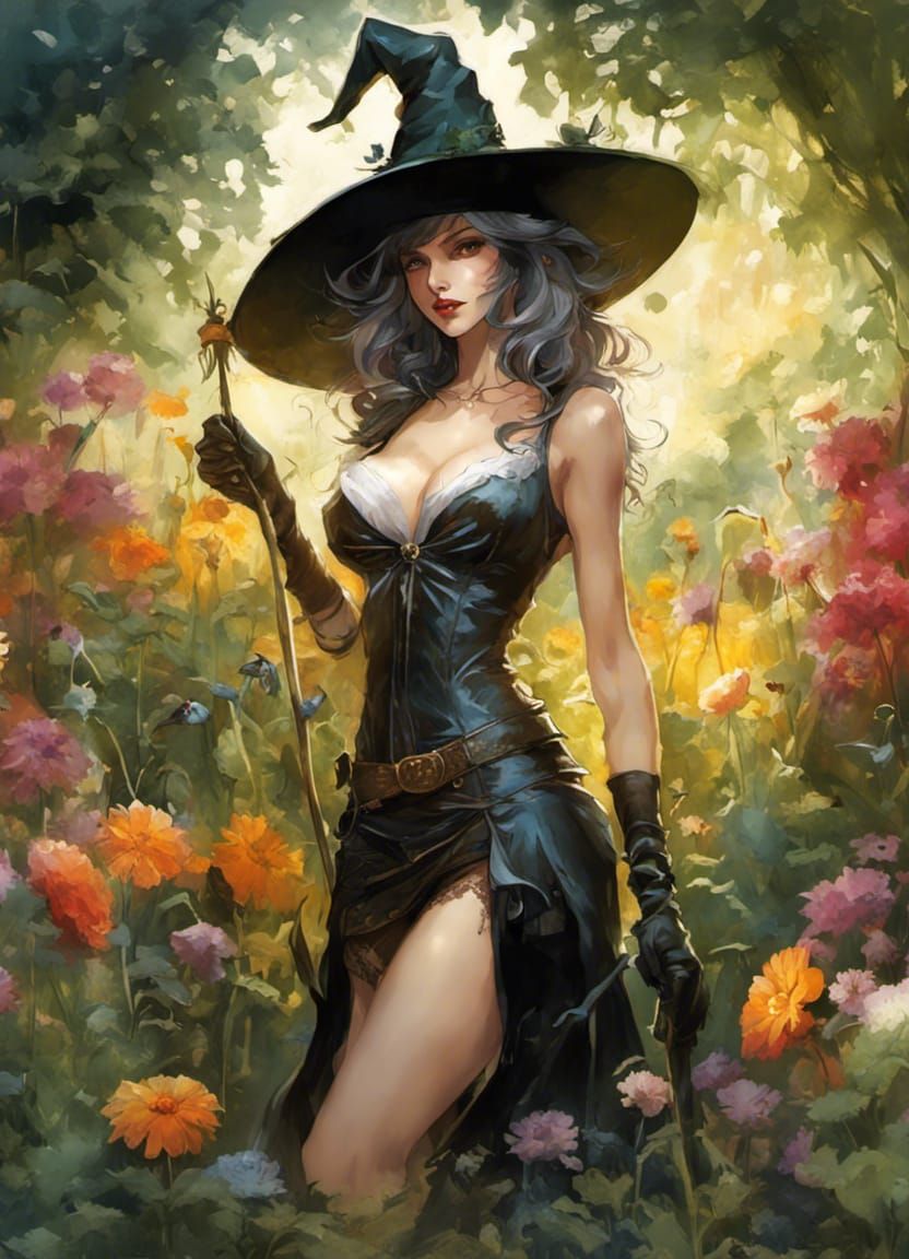 Gardener Witch Pin-Up in a Flower Garden