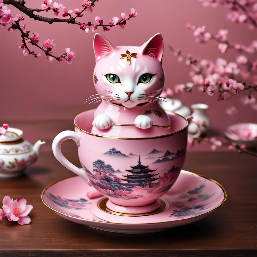 Pink Cat in Fantasy Teacup with Oriental Tea