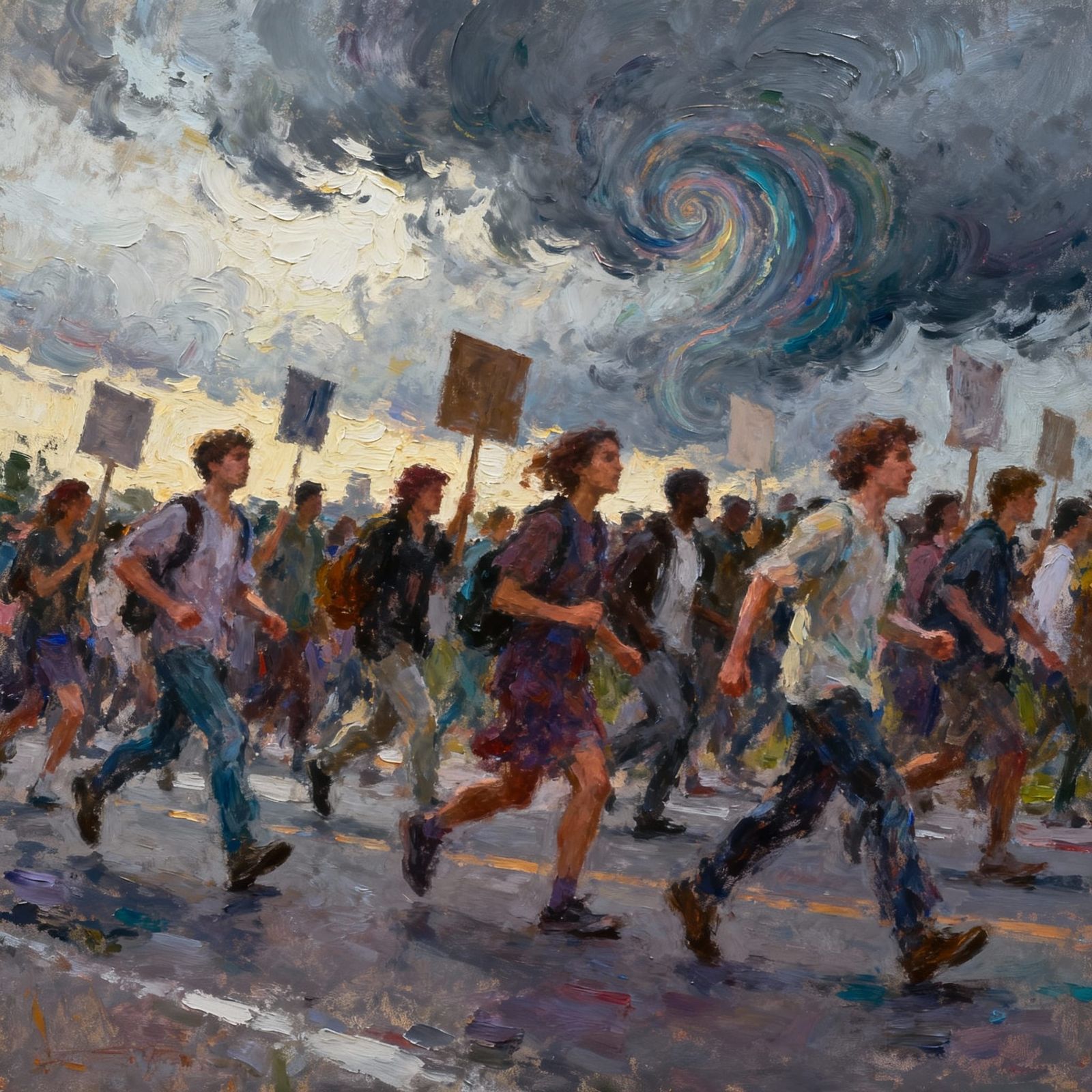 Impressionist Protest March Under Dreamlike Sky