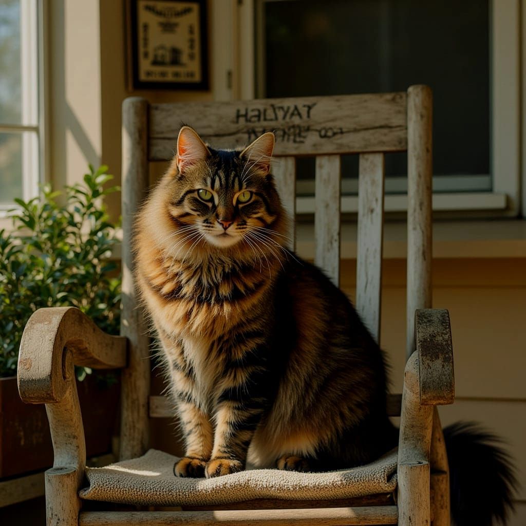 Long-Haired Cat Relaxing on Farmhouse Porch
