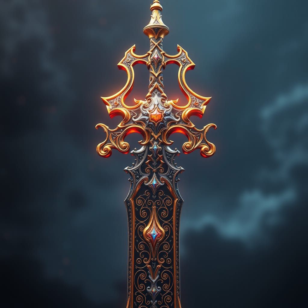 Divine Sword with Ancient Inscriptions in Intricate Gold and...