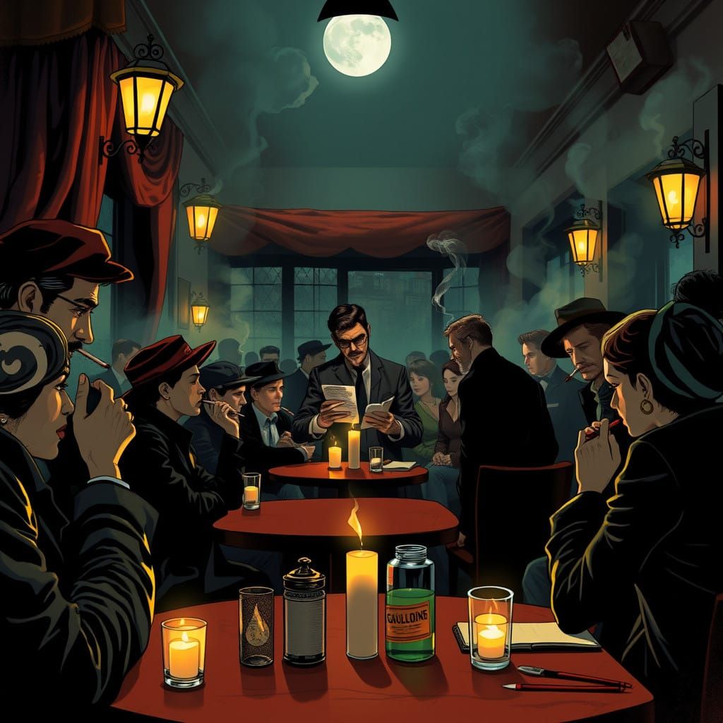 a smokey French Parisian bohemian cafe, late at night, creat...