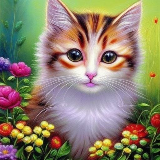 Fluffy Kitten in Flower Garden Oil Painting