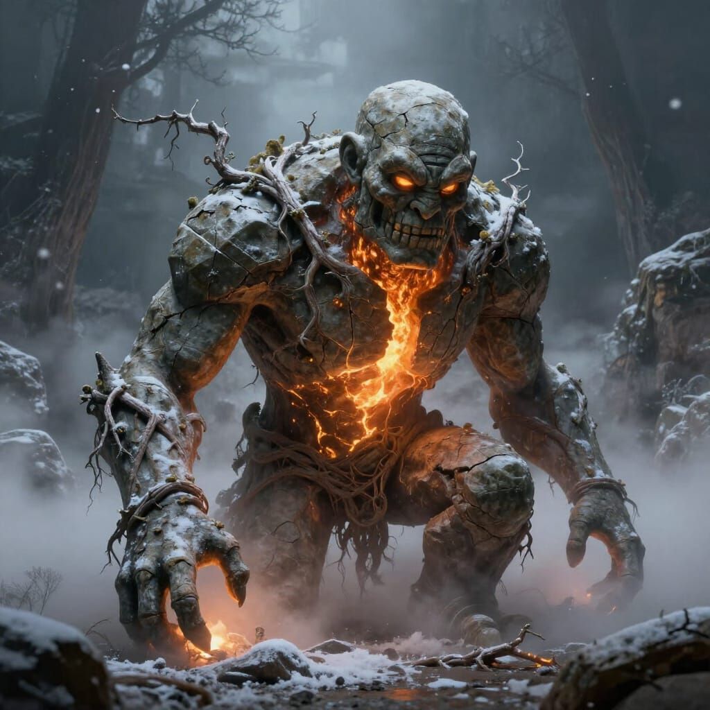 Ancient Golem Awakens in Ethereal Snowy Landscape