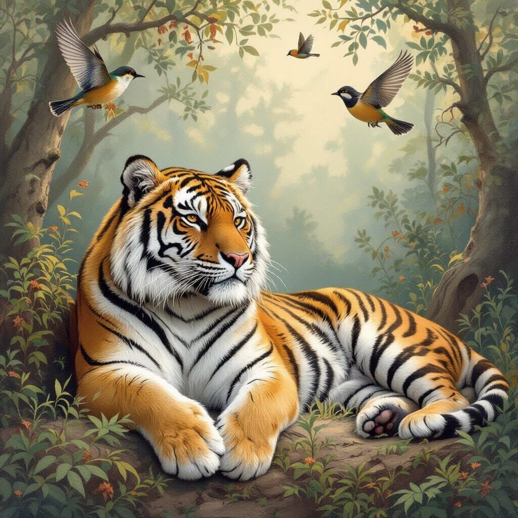 Tranquil Tiger Surrounded by Birds, Wildlife Art
