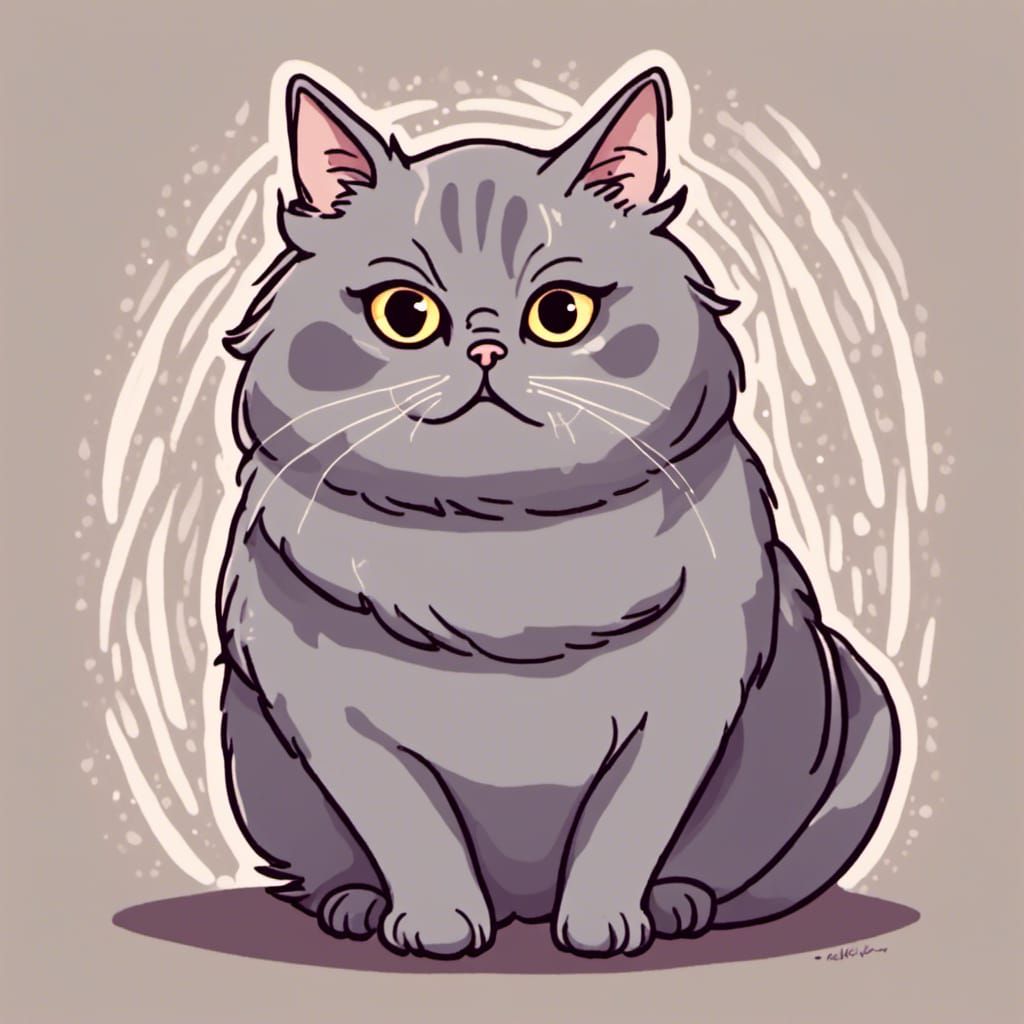 Chubby Grey Cat in Linocut Style