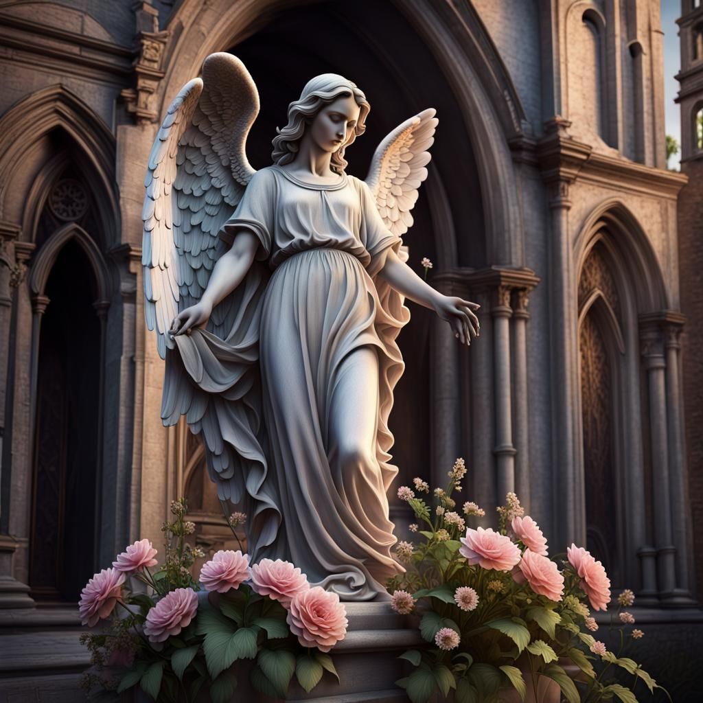 Hyperrealistic Angel Statue in Front of Church