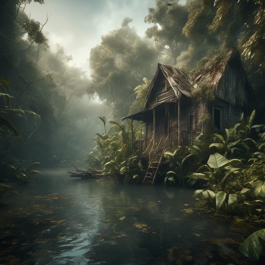 Misty Jungle River Cabin in Detailed Matte Painting