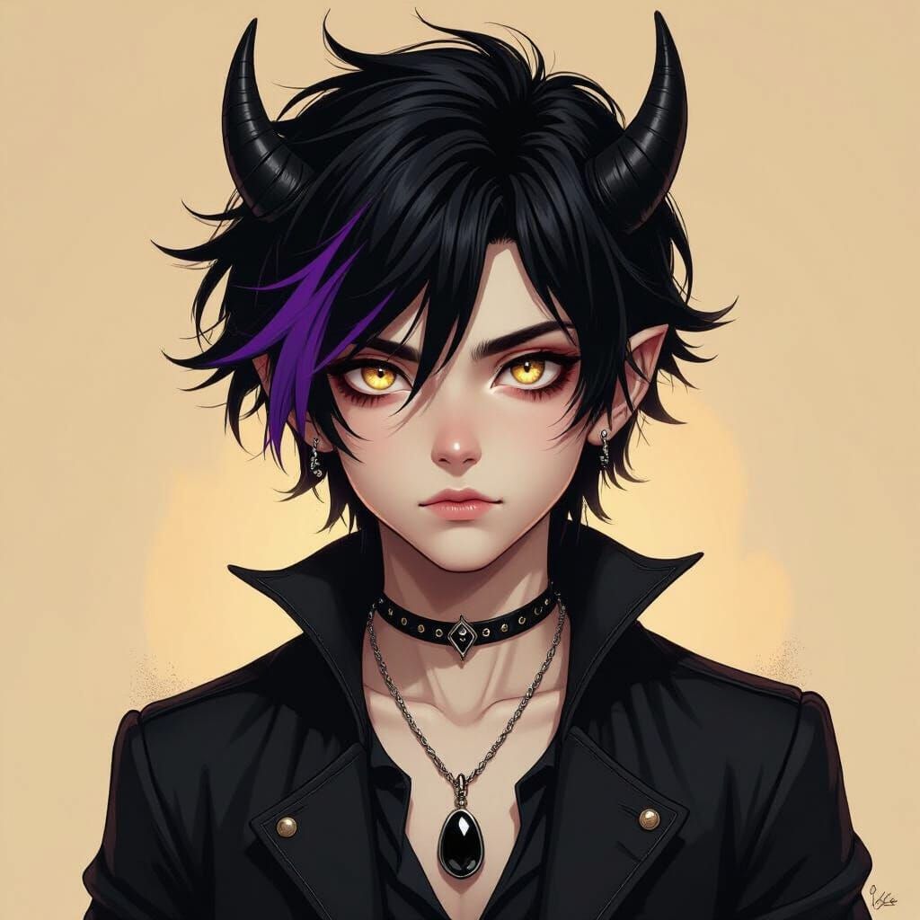 Teen Demon Boy with Onyx Pendant, Dark Fantasy Style