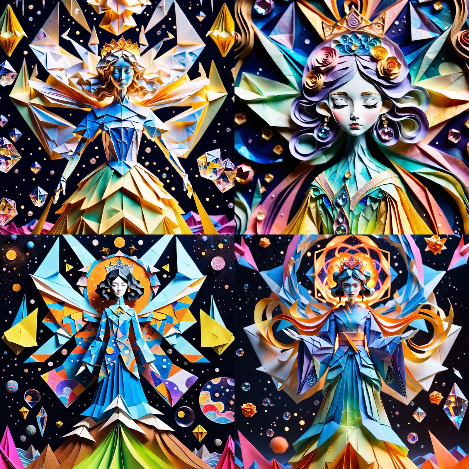 Origami Princess of Fire and Water, Klimt and Basquiat Style