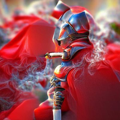Red Armored Knight Smoking: Colorful 3D Render