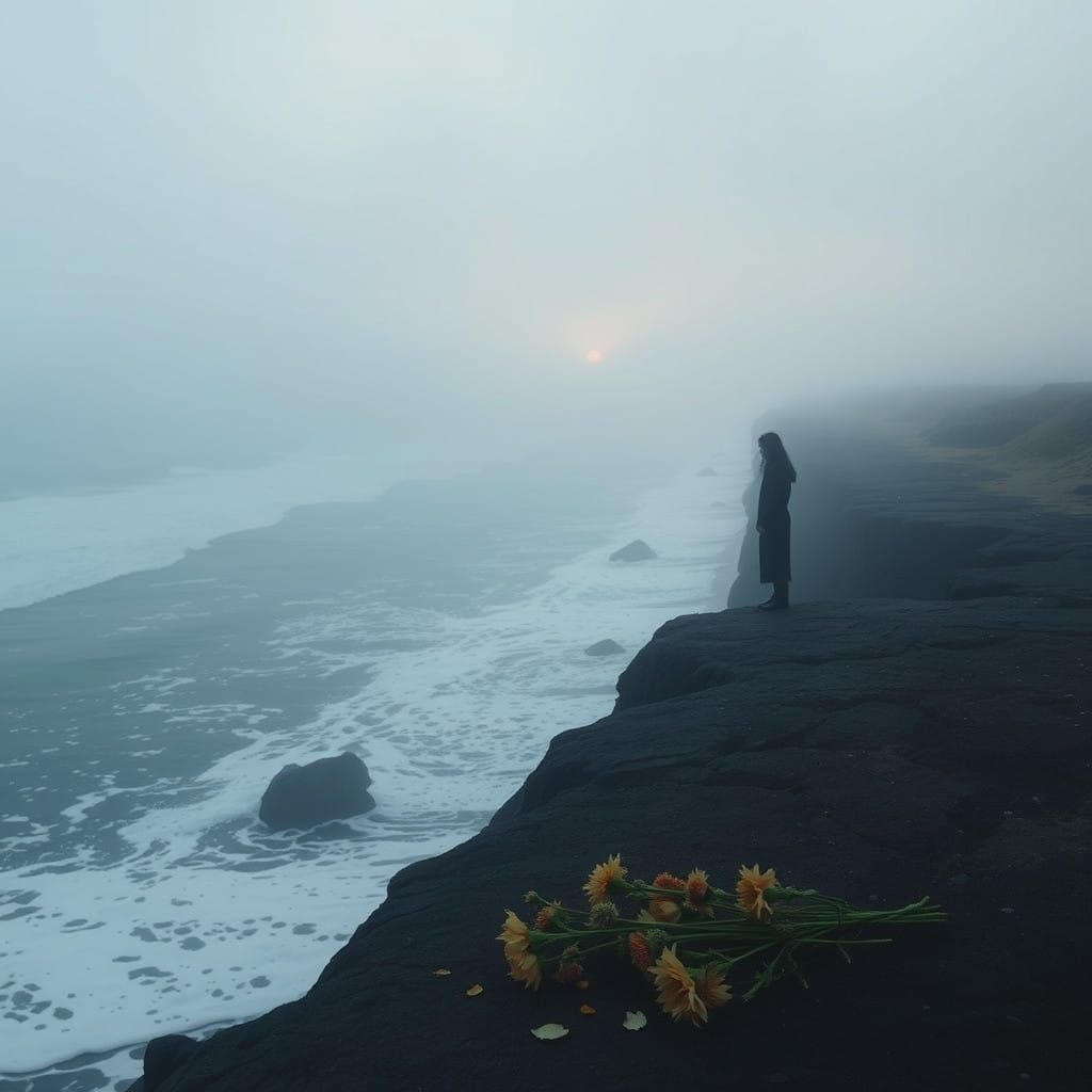 Mournful Figure on Desolate Coastline