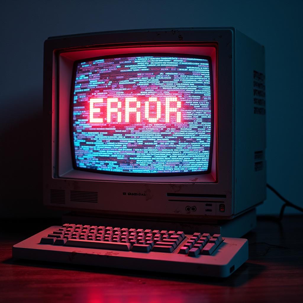 A retro 90s computer screen with a pop-up error message, dis...