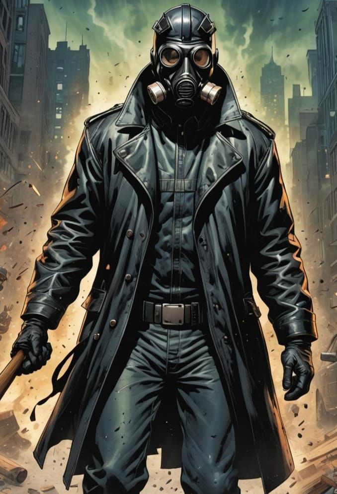 Gas Masked Superhero in 90s Comic Art Style