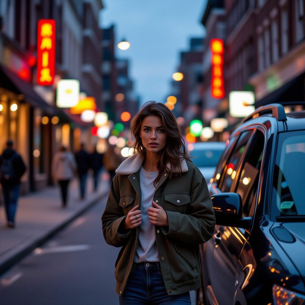 Candid Urban Street Scene with Person Adjusting Clothing