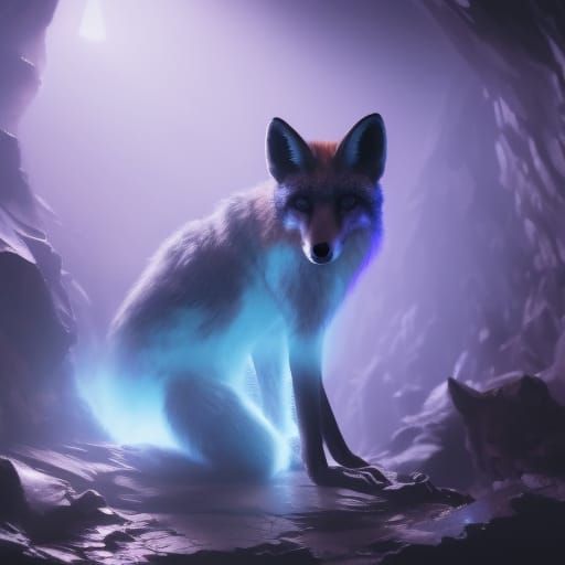 Bioluminescent Fox in Crystal Cave: Dark Fantasy Art