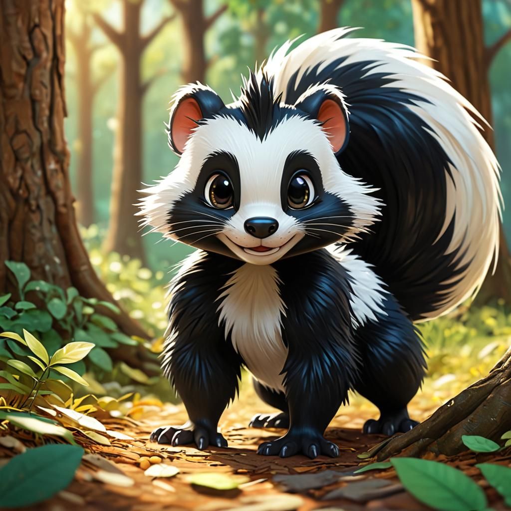 Chibi Skunk Hiding Behind Tree in Anime Style