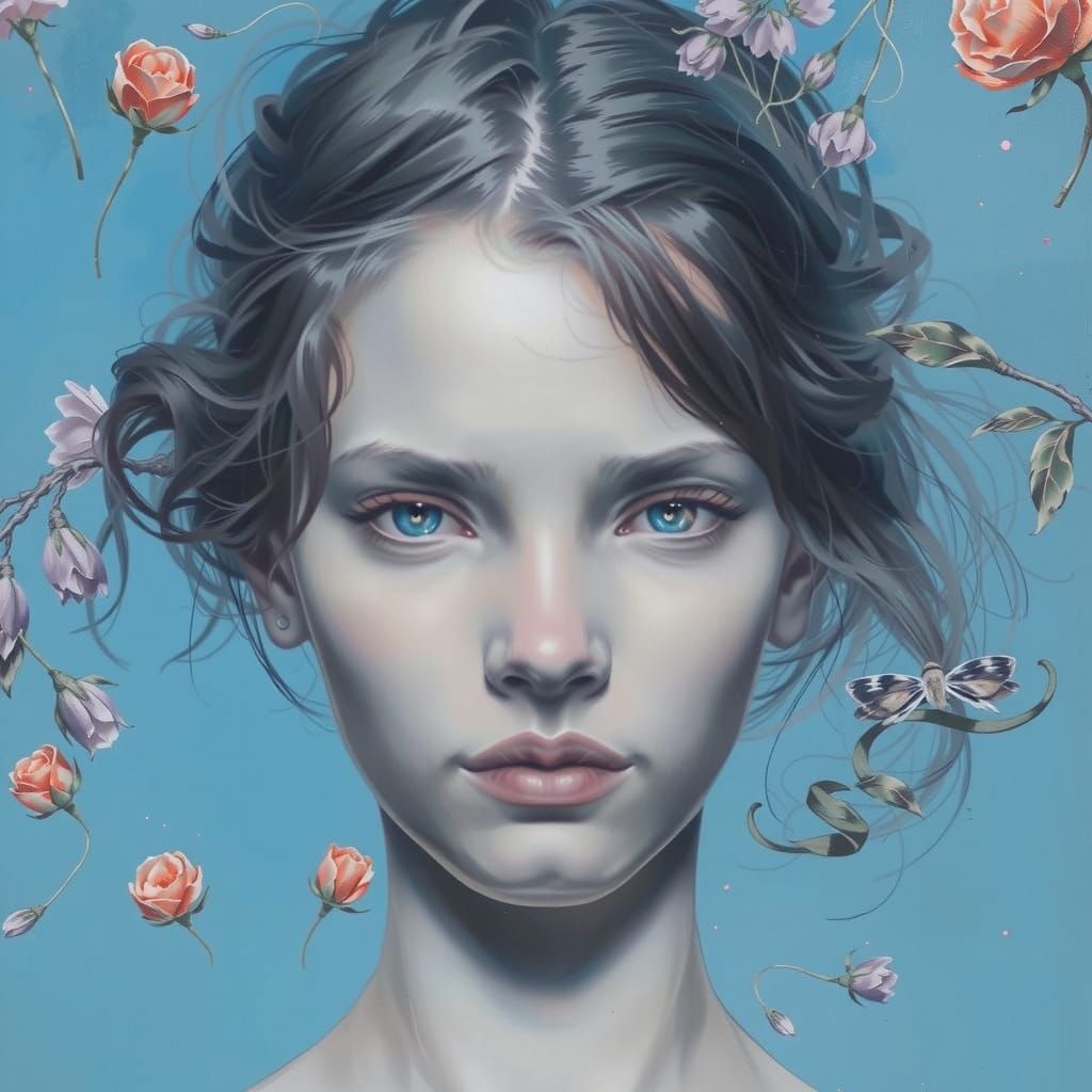 Melancholy Woman with Blue Eyes in Abstract Floral Art