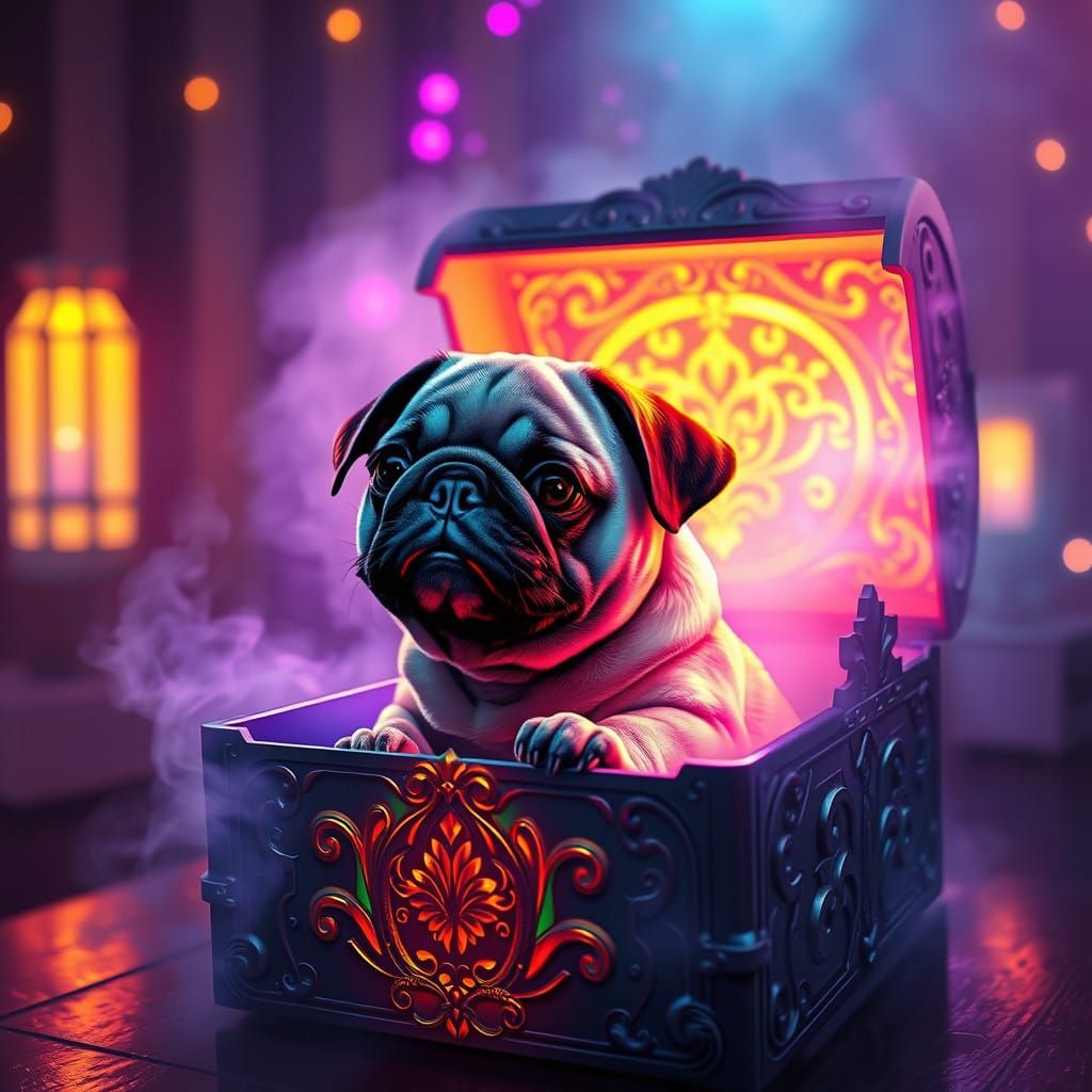 Neon Baby Pug in a Glowing Box