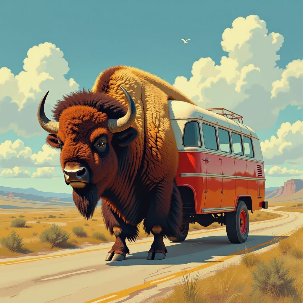Fantastical Bison-Bus Hybrid in Scenic Landscape