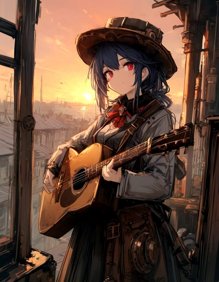 Steampunk Guitarist in Sunset Rooftop Solitude