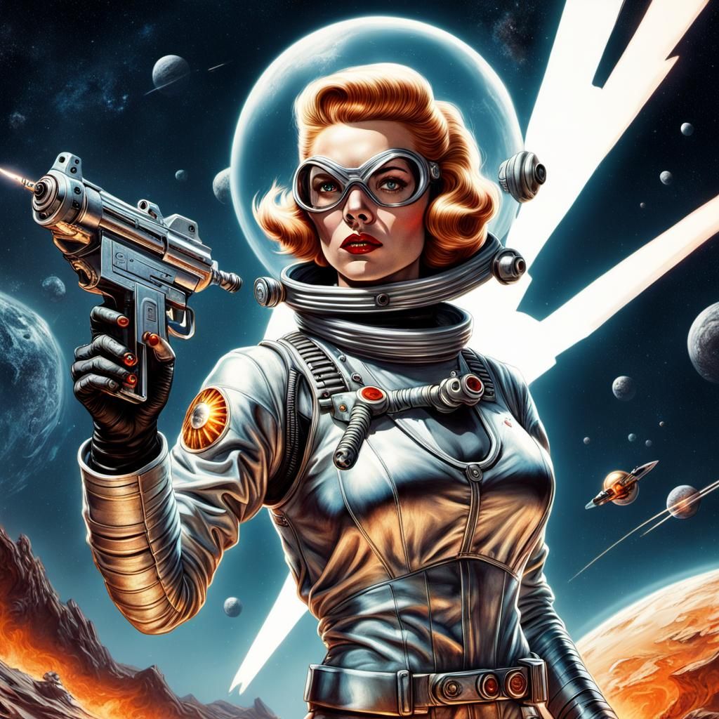 Atompunk Space Girl with Ray Gun, 1950s Poster Art