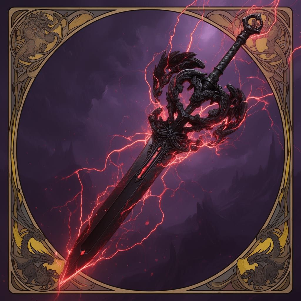 Black Keyblade with Dragon Motifs and Red Lightning