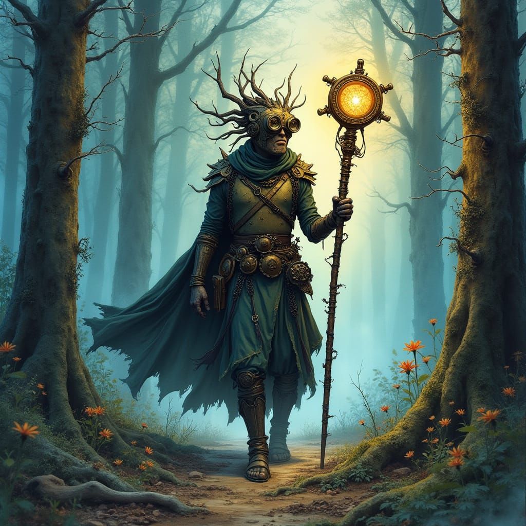 Steampunk Druid in Forest, Alcohol Ink Art