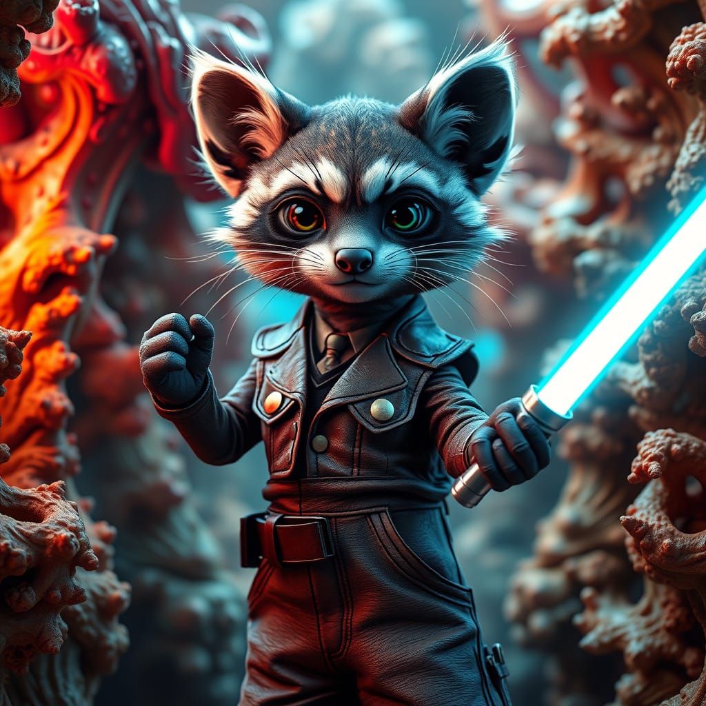 Whimsical Hybrid Creature Wields Lightsaber Amidst Bismuth F...