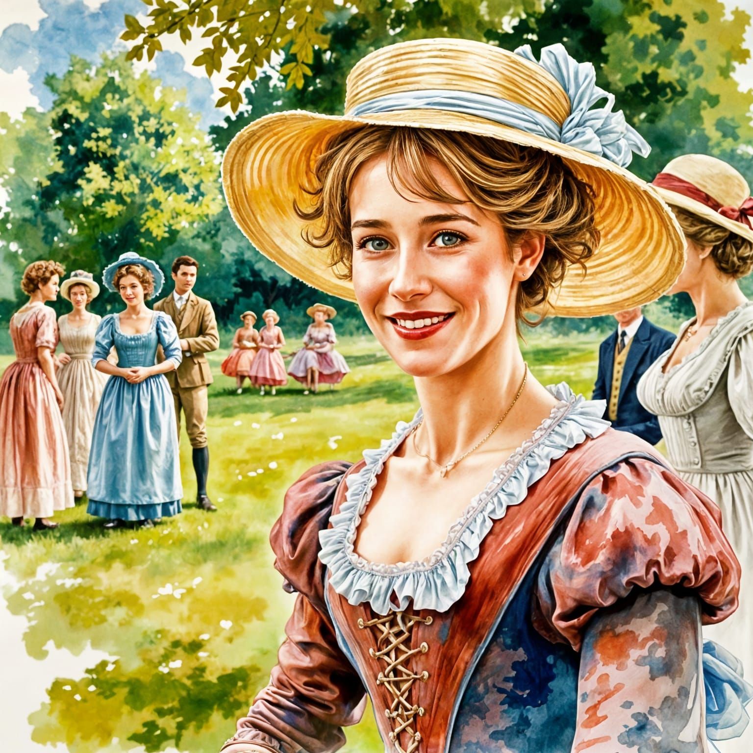 Regency Woman's Croquet Game: Expressionistic Watercolor