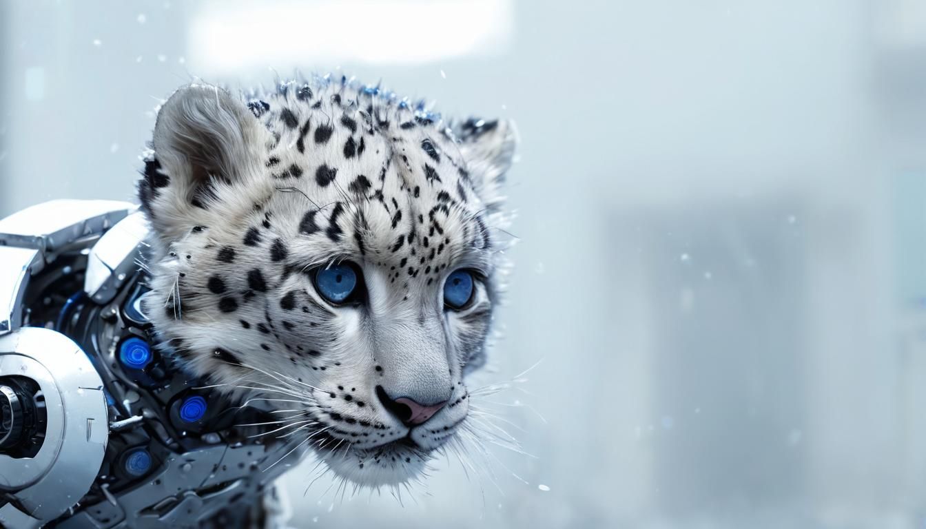 Snow Leopard Cyborg in Snowy City: Sci-Fi Art
