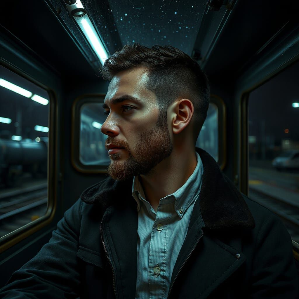 Gritty Train Driver in Locomotive Cabin with Dieselpunk Elem...