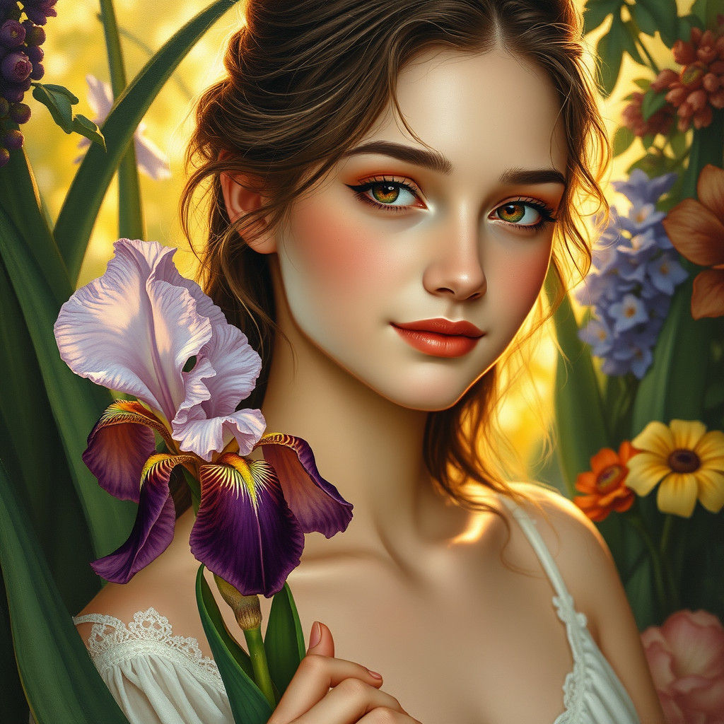 Woman with Iris: A Pre-Raphaelite Gouache Painting