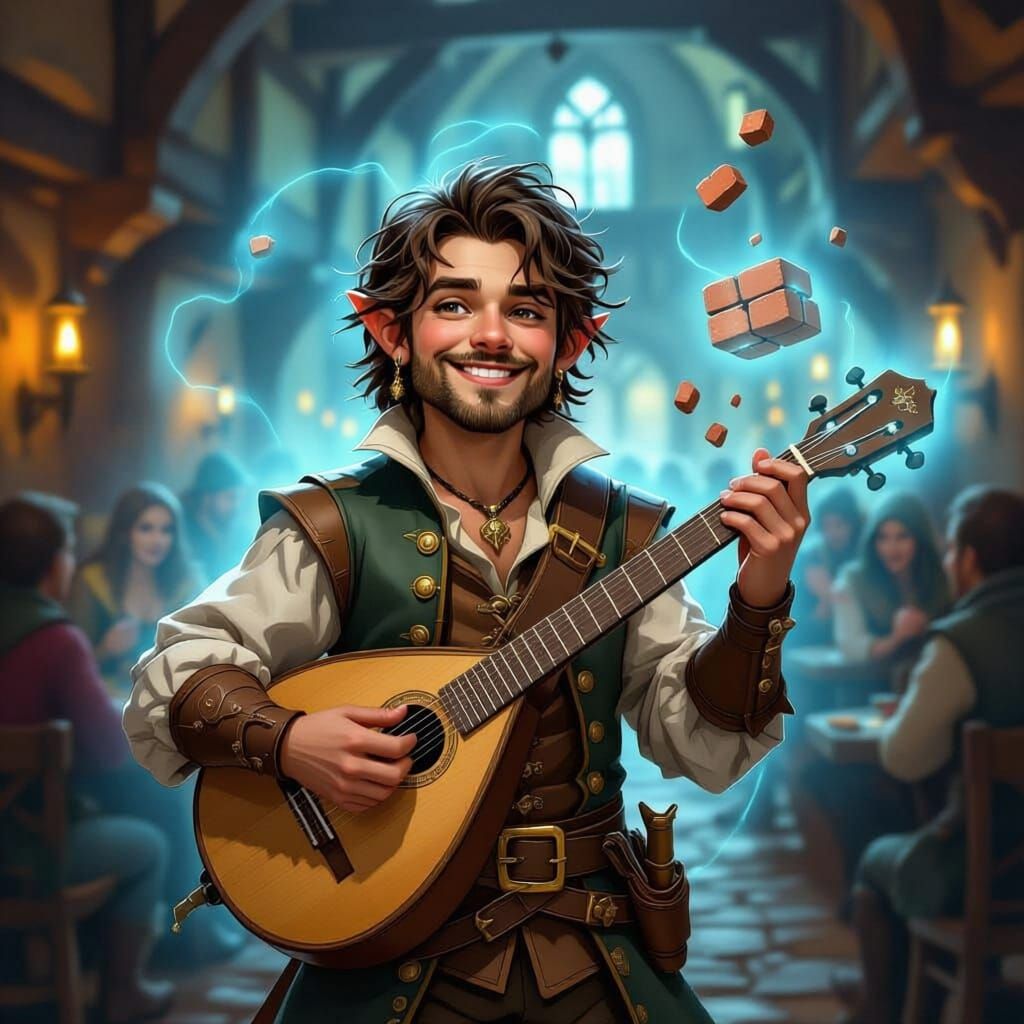 Halfling Bard with Lute and Floating Brick in Tavern